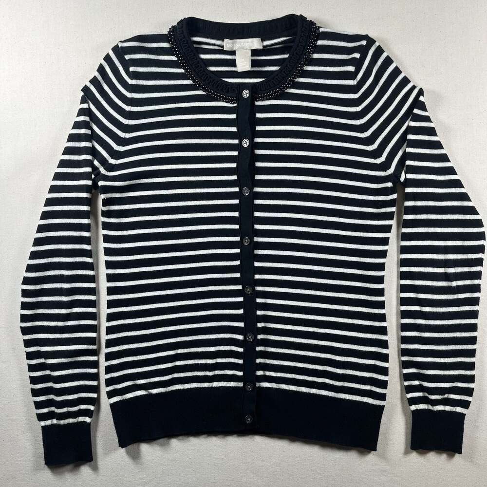 Banana Republic Women's Black White Striped W/ Beaded Accent Cardigan Sweater, M
